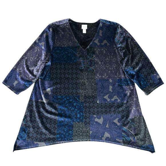 Chicos Velvet Tunic Top Womens Size 3 XL Mixed Print 3/4 Sleeve Floral Boho Art - Picture 1 of 10